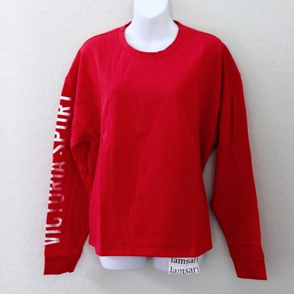 Victoria's Secret Sport Logo Fleece Crew Relaxed Slouchy Pullover Sweater Red L - Picture 1 of 4